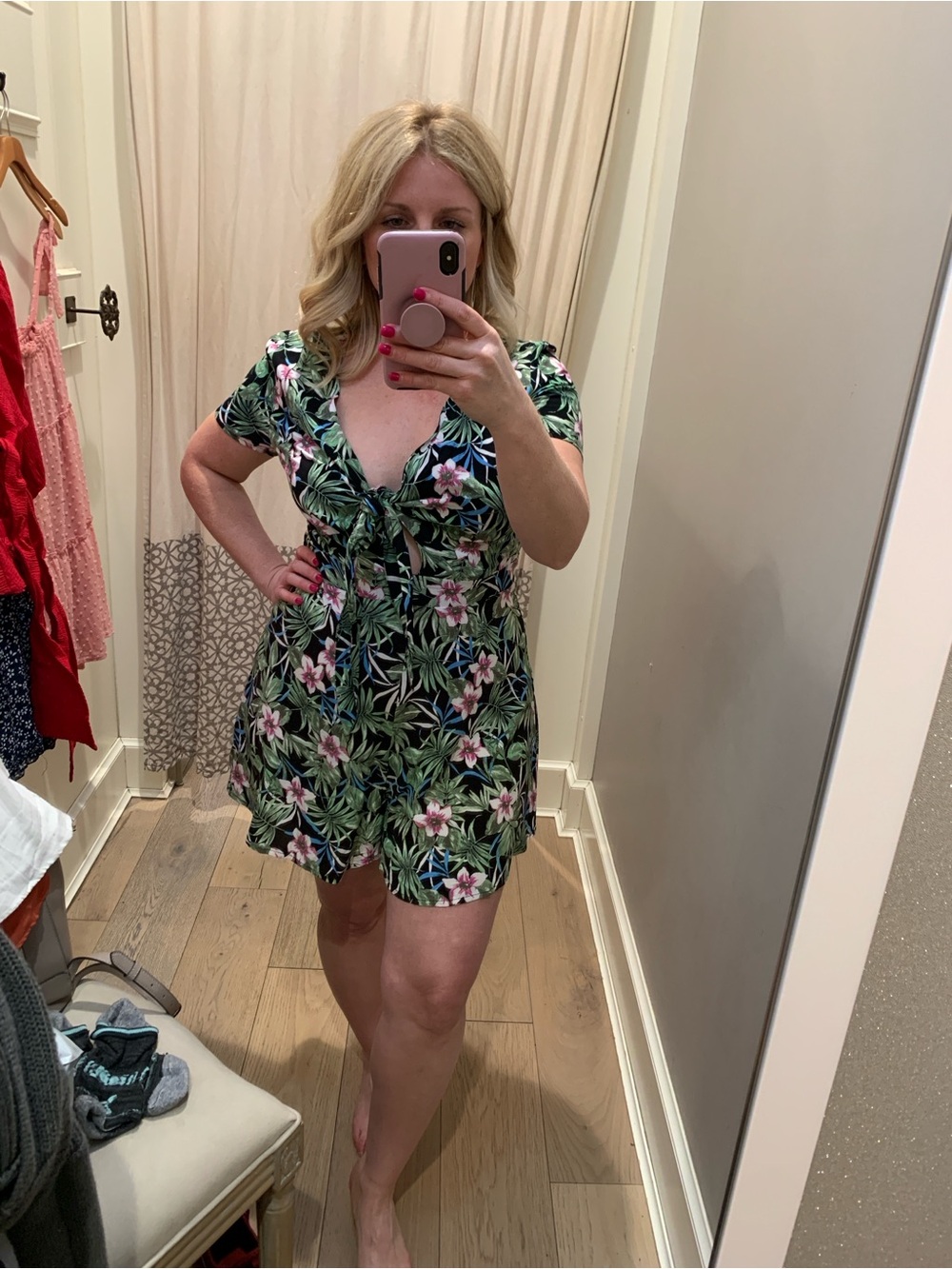 Tropical Tie-Front V-Neck Mini Dress - Green Floral